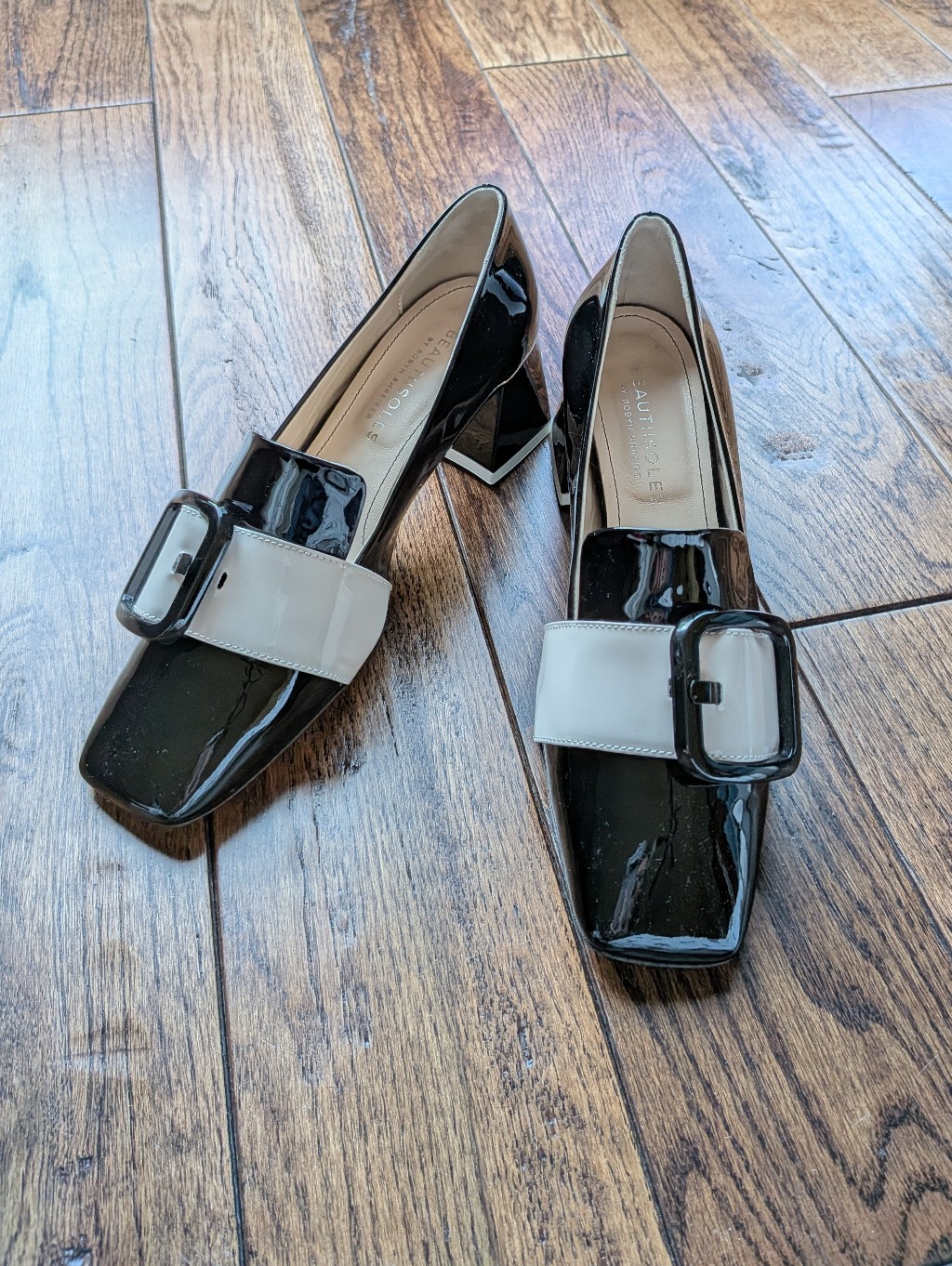 Beautisoles Patent Leather Two-Tone Black And White Block Heel Loafers Size 8